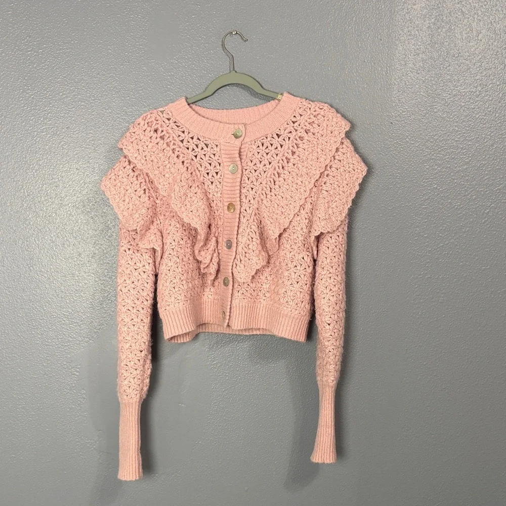 Farm Rio Pink Ruffle Knit Button-Front Sweater - Picture 2 of 4